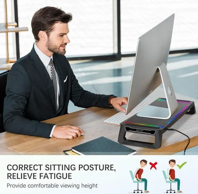 Alt view image 5 of 6 - Monitor Stand for Desk RGB Gaming Lights with 4 USB 3.0 Hub, MOOJAY Foldable Computer Screen Riser with Storage Drawer and Phone Holder, Desk Organizer with Pen Tray for PC/Laptop/iMac - Black