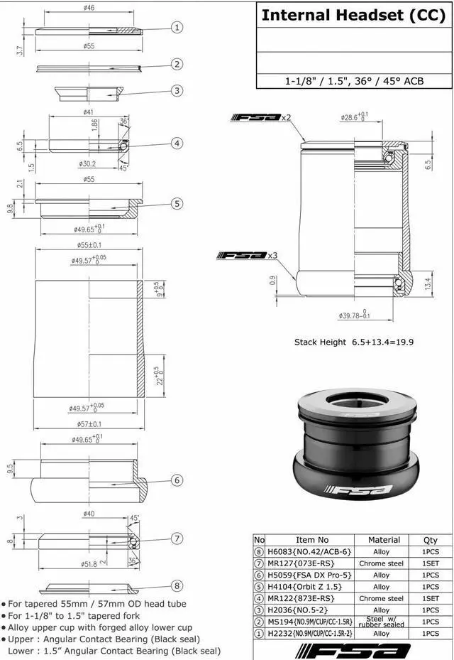 Alt view image 4 of 4 - FSA 1/DX Pro-A 1-1/8 Inches to 1.5Inches Tapered Headset with Top Cap, XTE1666