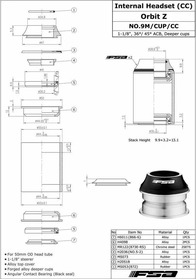 Alt view image 4 of 4 - FSA Orbit Z 1-1/8Inches 44mm Threadless 1-1/8Inches Headset with Top Cap, NO.9M/CUP/CC, XTE1528