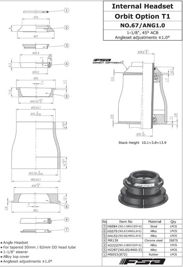 Alt view image 5 of 5 - FSA Orbit Option T1 Kit Angle Headset 50 or 62mm Tapered, NO.67/ANG0.5, XTE1866