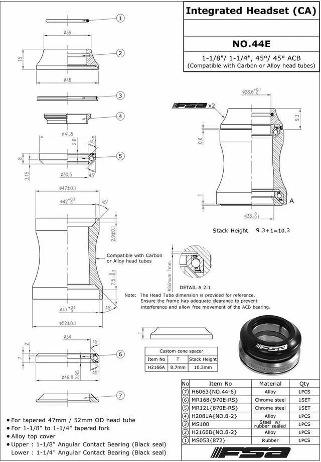 Alt view image 4 of 4 - FSA Orbit C-33 Integrated Headset Fit 1-1/8Inches to 1-1/4Inches Tapered, Black, NO.44E, XTE1591