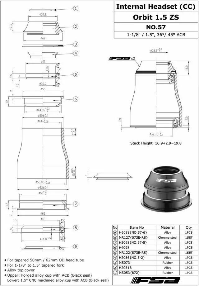 Alt view image 4 of 4 - FSA No.57 Orbit Headset Sealed Bearing 1.5 ZS 1-1/8"-1.5" Tapered Integrated, XTE1531