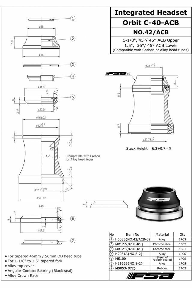 FSA Orbit C-33 Integrated Headset Fit 1-1/8Inches To 1-1/4Inches
