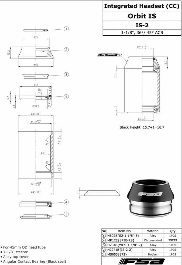 Alt view image 4 of 4 - FSA Orbit is-2 1-1/8 Threadless OD 45mm Road Bike Integrated Headset withTop Cap, XTE1535