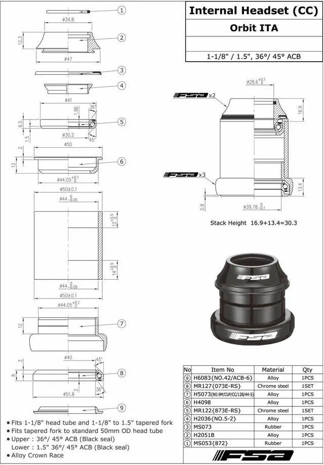 Alt view image 4 of 4 - FSA Orbit ITA 1-1/8Inches to 1.5Inches Tapered Headset withTop Cap, NO.9M/CUP/CC/12B/44-A , XTE1664
