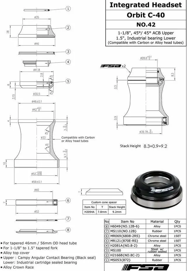 Alt view image 4 of 4 - FSA NO.42/ACB-A Orbit C-40 Integrated 1-1/8Inches to 1.5Inches ID 42/52 mm Tapered Headset, Red, XTE1512
