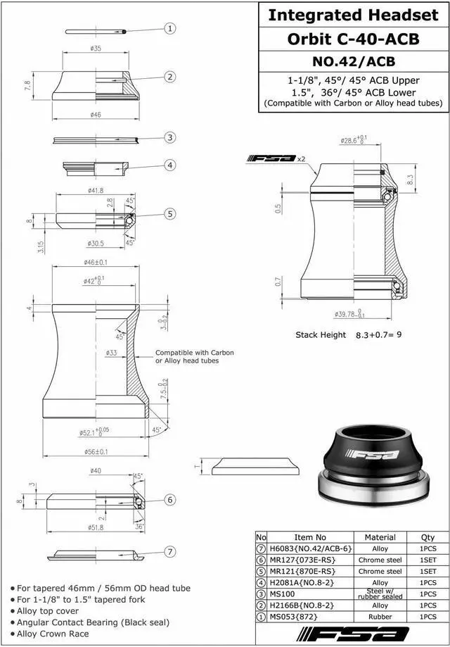Alt view image 4 of 4 - FSA NO.42/ACB-A Integrated Headset Orbit C-40 1-1/8 Inches to 1.5 Inches Tapered, Black, XTE1519