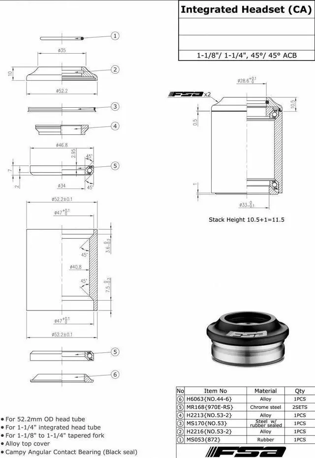 Alt view image 4 of 4 - FSA No.53-1 1-1/8" - 1-1/4" Integrated Headset With Top Cap #XTE1670