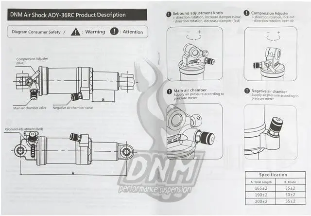 Alt view image 6 of 7 - DNM AOY-36RC Mountain Bike Air Rear Shock With Lockout 190x50mm 4-system, Gold, ST1476