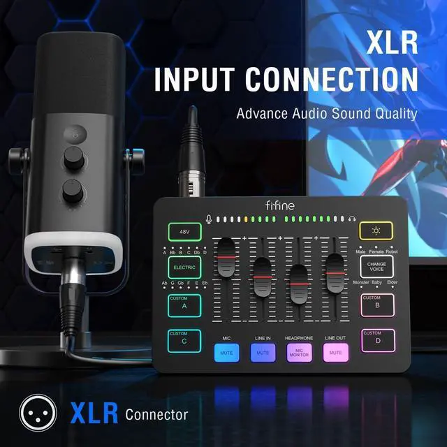 Alt view image 2 of 7 - FIFINE Gaming Audio Mixer, Streaming RGB PC Mixer with XLR Microphone Interface, Individual Control, Volume Fader, Mute Button, 48V Phantom Power, for Podcast/Recording/Vocal/Game Voice-AmpliGame SC3