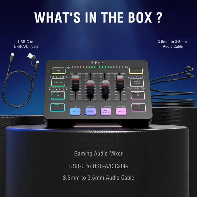 Alt view image 7 of 7 - FIFINE Gaming Audio Mixer, Streaming RGB PC Mixer with XLR Microphone Interface, Individual Control, Volume Fader, Mute Button, 48V Phantom Power, for Podcast/Recording/Vocal/Game Voice-AmpliGame SC3