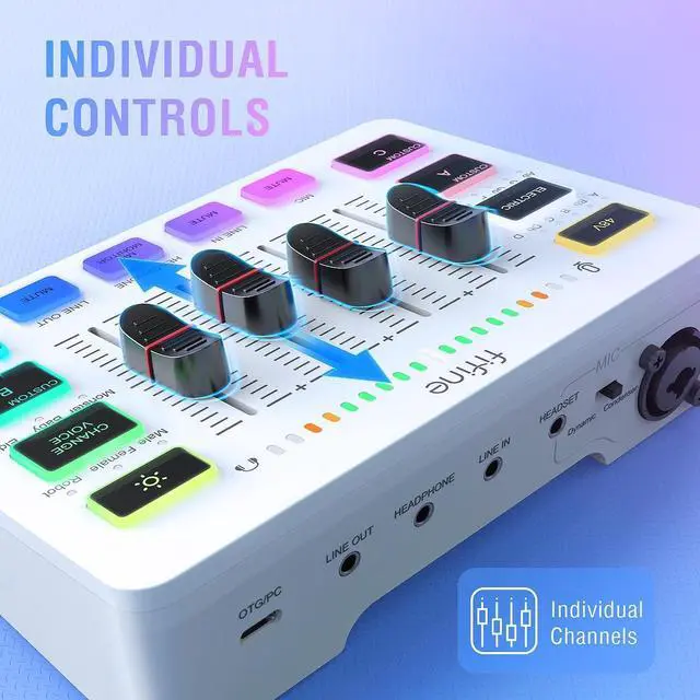 Alt view image 3 of 7 - FIFINE Audio Mixer, Gaming Streaming PC Mixer with Slider Fader, XLR Microphone Interface, Monitoring, for Video/Game Voice/Podcast Recording-AmpliGame SC3W