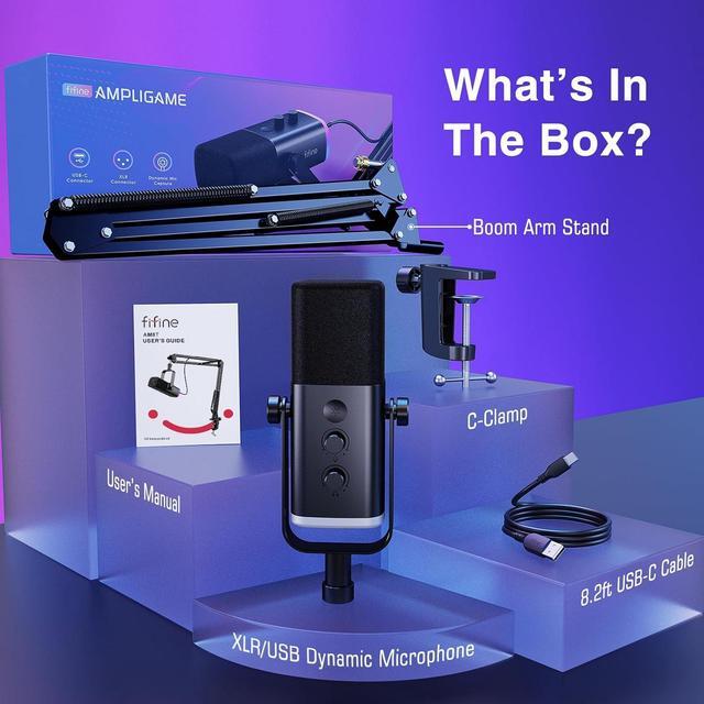 Alt view image 7 of 7 - FIFINE XLR/USB Gaming Microphone Set, Dynamic PC Mic for Streaming Podcasting, Computer RGB Mic Kit with Boom Arm Stand, Mute Button, Headphones Jack, for Recording Vocal Voice-Over-AmpliGame AM8T