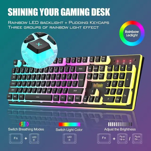 Alt view image 3 of 7 - RedThunder K10 Wireless Gaming Keyboard and Mouse Combo, LED Backlit Rechargeable 3800mAh Battery, Mechanical Feel Anti-ghosting Keyboard with Pudding Keycaps + 7D 3200DPI Mice for PC Gamer (Black)