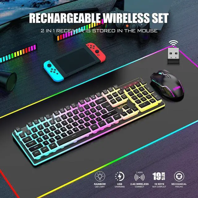 Alt view image 2 of 7 - RedThunder K10 Wireless Gaming Keyboard and Mouse Combo, LED Backlit Rechargeable 3800mAh Battery, Mechanical Feel Anti-ghosting Keyboard with Pudding Keycaps + 7D 3200DPI Mice for PC Gamer (Black)