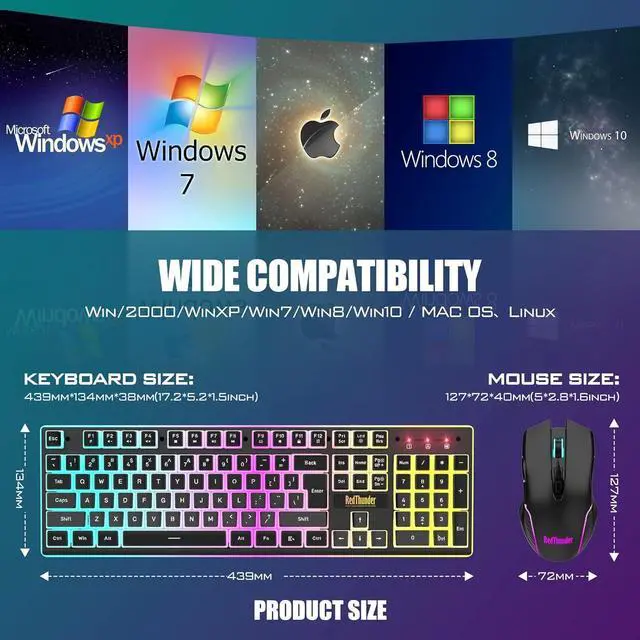 Alt view image 7 of 7 - RedThunder K10 Wireless Gaming Keyboard and Mouse Combo, LED Backlit Rechargeable 3800mAh Battery, Mechanical Feel Anti-ghosting Keyboard with Pudding Keycaps + 7D 3200DPI Mice for PC Gamer (Black)