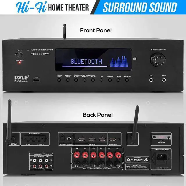 Alt view image 2 of 8 - Pyle 1000W Bluetooth Home Theater Karaoke Receiver - 5.2-Ch Stereo Amplifier 2 UHF Wireless Microphone Video Pass-Through Supports, MP3/USB/HDMI/AM/FM Radio - Pyle PT888BTWM , Black