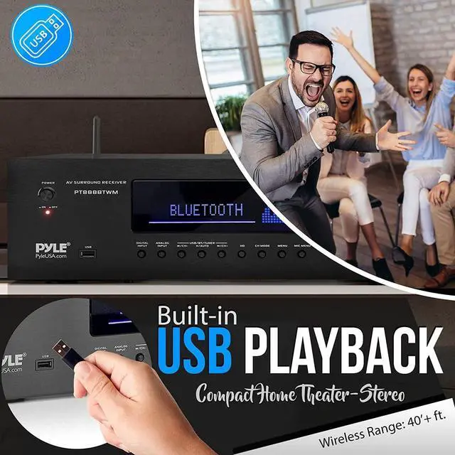 Alt view image 6 of 8 - Pyle 1000W Bluetooth Home Theater Karaoke Receiver - 5.2-Ch Stereo Amplifier 2 UHF Wireless Microphone Video Pass-Through Supports, MP3/USB/HDMI/AM/FM Radio - Pyle PT888BTWM , Black