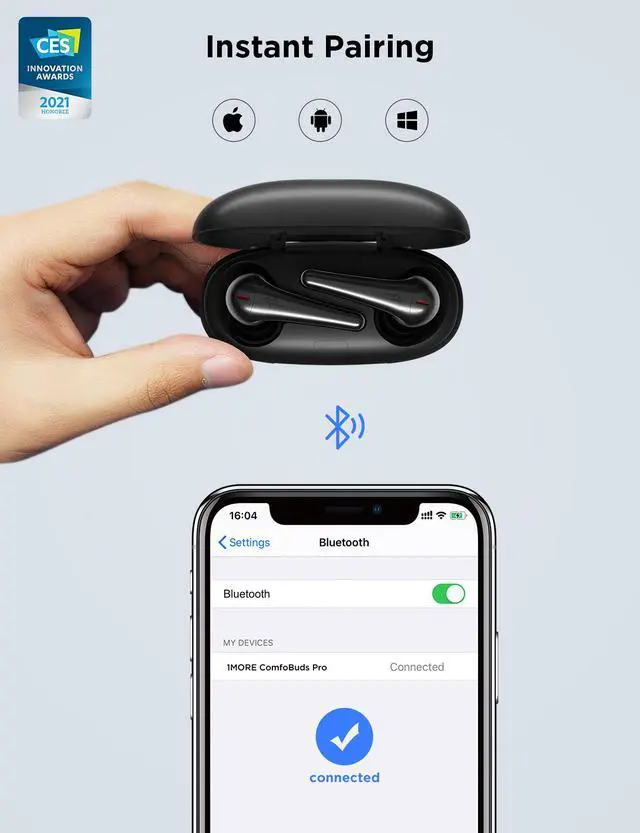 Alt view image 6 of 9 - 1MORE Comfobuds Pro Bluetooth 5.0 Earbuds, Hybird Active Noise Canceling Earphones, Stereo Premium Sound with 6 Mics ENC Clear Call Fast Charging 24H-Black