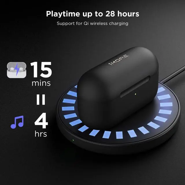 Alt view image 5 of 7 - 1MORE EVO Noise Cancelling Earbuds, Audiophile Headphones with Dual Drivers, Adaptive ANC, Bluetooth Headphones, HiFi Sound, LDAC, Hi-Res Audio, 6 Mics, 28H Playtime, Wireless Charging, Black