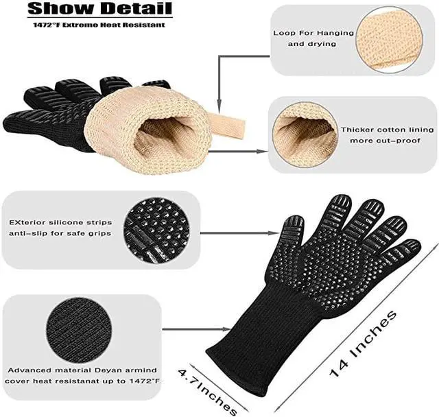 Alt view image 4 of 7 - Oven Frying Smoker Barbecue Grill BBQ Baking Cooking Grilling Gloves 932 F Extreme Heat Rated Cut Fire Resistant Glove Indoor Outdoor Extra Long Cuff Kitchen Mitts for Men Women 1pair