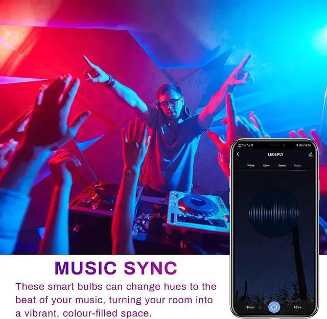 Alt view image 7 of 7 - 5W=40W, A15 Smart Bulb, Compatible with Alexa, Google Home, E26, Color Changing, Dimmable LED WiFi Light Bulbs, No Hub Required, 1 Pack, LEDEPLY