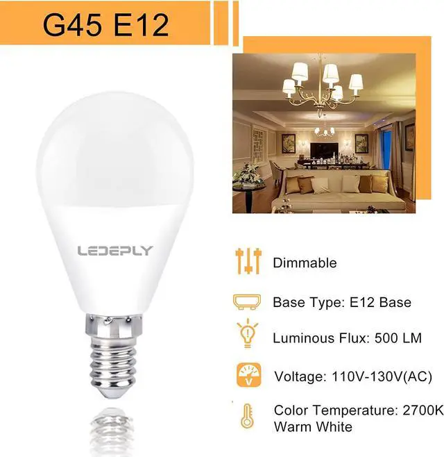 Alt view image 2 of 7 - A15 Ceiling Fan Light Bulbs, Dimmable, E12 Base LED Bulb, 5.5W=40W, Warm White 2700K, 500 Lumen, LED Light Bulb, 6 Pack, LEDEPLY