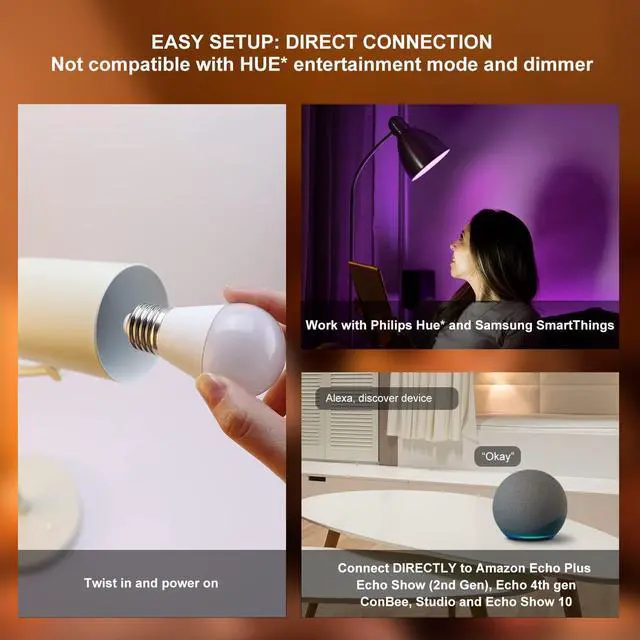 Alt view image 6 of 6 - LEDEPLY Zigbee A15 Smart Bulbs, Compatible with Hue*, Alexa, Google & ConBee (Hub Required), E26, 5W=40W, Color Changing, Dimmable WiFi Light Bulbs, 2Pack