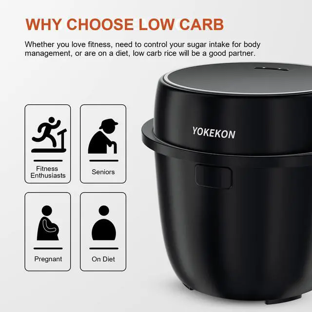 Alt view image 6 of 6 - Rice Cooker Small Low Carb, YOKEKON 3-cup (uncooked) Rice Cooker with Stainless Steel Steamer, 8-in-1 Rice Maker, Delay Timer and Auto Keep Warm Feature, Sushi, Risitto, Steamer, Cake, Black