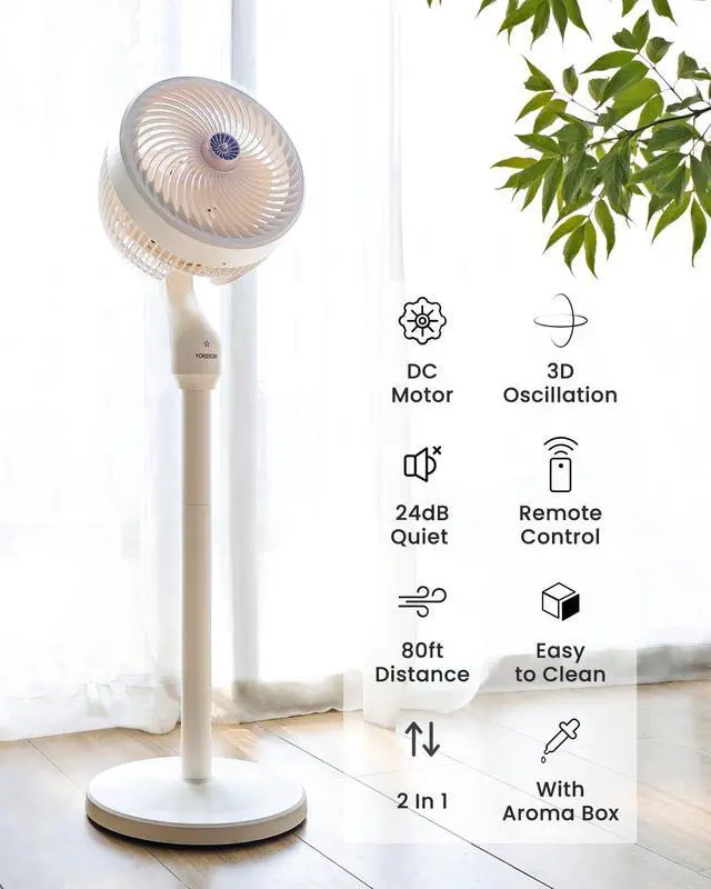Alt view image 2 of 6 - YOKEKON Standing Fan, Table Pedestal Fan 2-in-1, 3D Oscillating Fan with Remote & Aroma Box, 15-Hour Timer, Standing Floor Fan for Bedroom, Living room, Kitchen, Dorm, Home, Office, Indoor, White