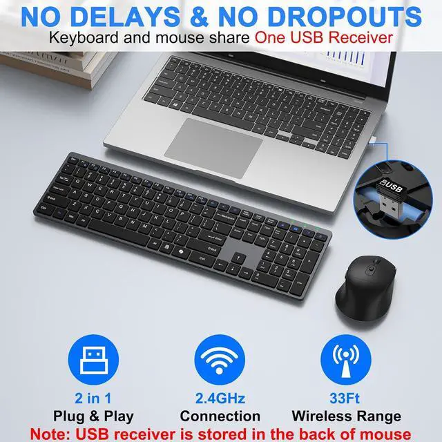 Alt view image 4 of 6 - Wireless Keyboard and Mouse Combo Full Size Silent