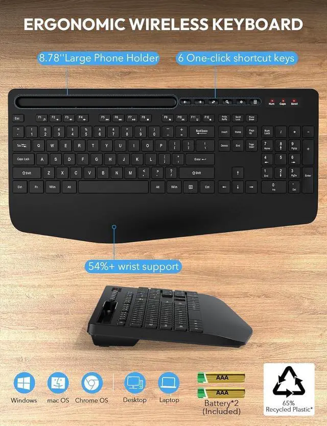 Alt view image 5 of 6 - Wireless Keyboard and Mouse Combo - Full Size Ergonomic Wrist Rest
