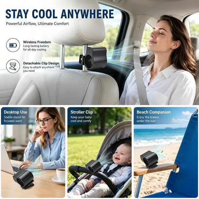 Alt view image 5 of 6 - Car Clip On Air Conditioner Fan with LED Display | Portable USB Rechargeable Car Fan 360° Rotation
