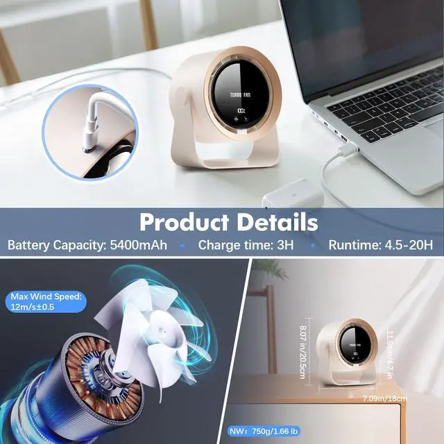 Alt view image 3 of 7 - USB Desktop Fan with LED Display & Long Battery Life