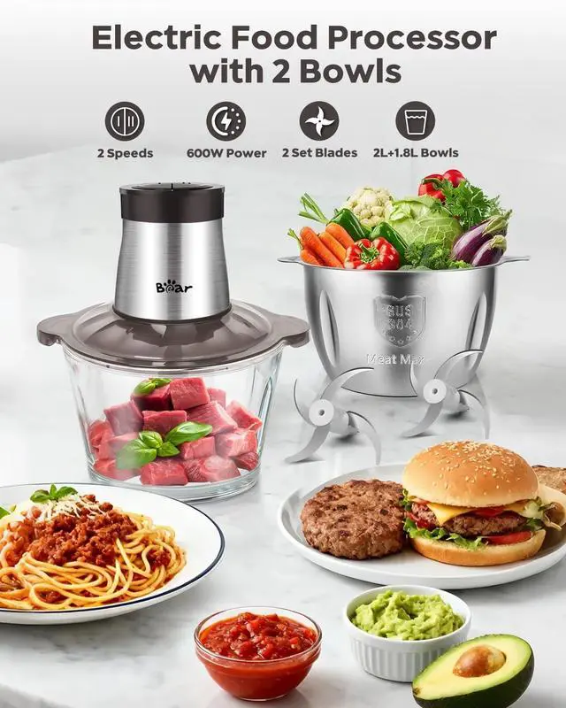 Alt view image 2 of 6 - 2L+1.8L 600W Electric Food Processors