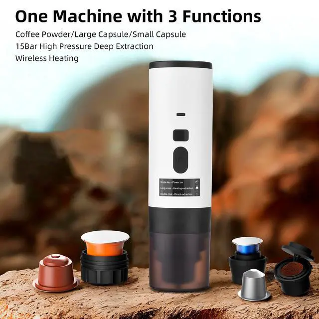 Alt view image 2 of 6 - 3-In-1 Portable Coffee Machine - Automatic 15Bar Wireless Heating with Digital Display