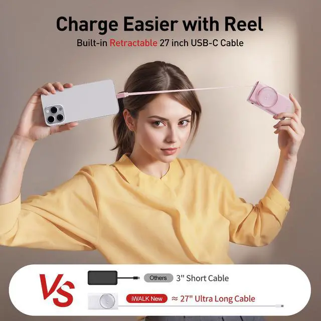 Alt view image 2 of 7 - Power Bank Built-in 70cm/27.5 inches USB-C Retractable Cable