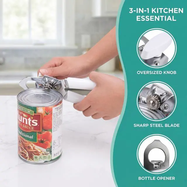 Alt view image 4 of 6 - Tin Opener & Bottle Opener - Premium Stainless Steel Manual Can Opener with Comfortable Soft Grip