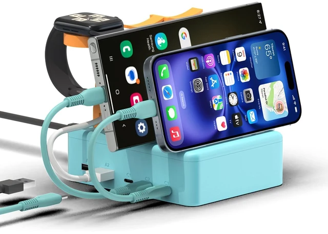Main image of HKY USB C Charging Station Stand for MacBook Neo Kindle Phones ipad Airpods Speakers Colorful 105W 5-Port (3 USB-C + 2 USB-A) Organizer Charging Dock with Removable Divider & Cables