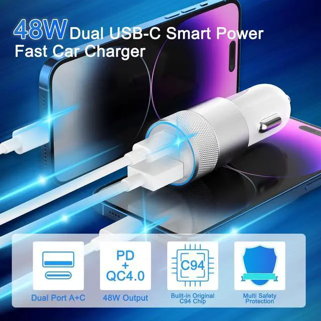 Alt view image 2 of 7 - Fast Car Charger and Carplay Cable, 48W Dual Port USB A and USB C Car Charger Adapter with 2Pack High Speed Charging L ightning Cable for i Phone 14/14 Plus/14 Pro Max/14 Mini/11/SE/X, i Pad and More