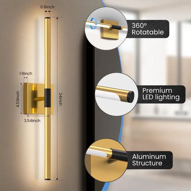 Alt view image 3 of 7 - 24 Inch Modern Bathroom Vanity Light with Rotatable Bar