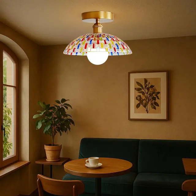 Alt view image 4 of 5 - Colorful Vintage Glass Flush Mount Ceiling Light