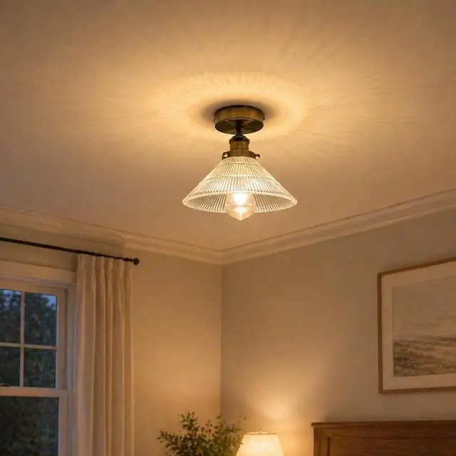 Alt view image 3 of 5 - Lighting Vintage Ribbed Glass Ceiling Light E27