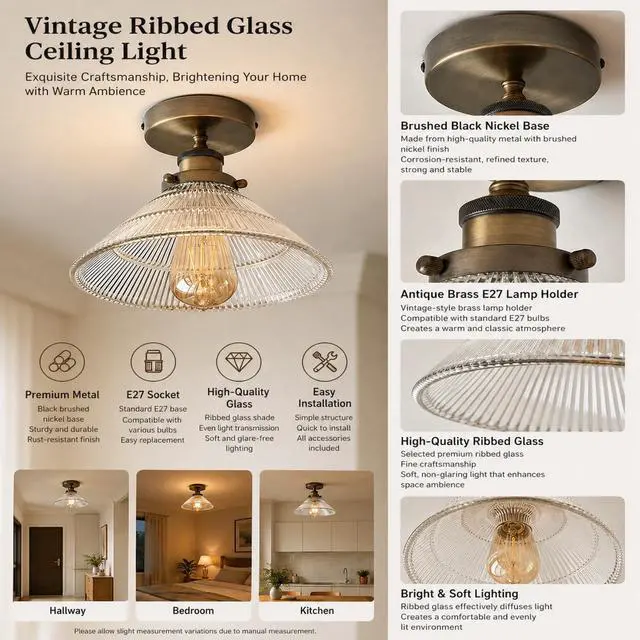 Alt view image 4 of 5 - Lighting Vintage Ribbed Glass Ceiling Light E27