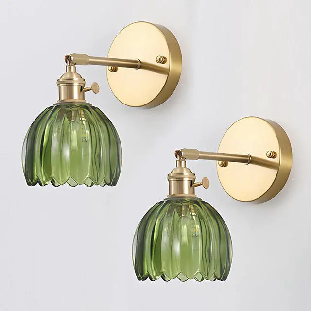 Alt view image 2 of 5 - Vintage Wall Light with Floral Glass Shade & Gold Metal Fittings
