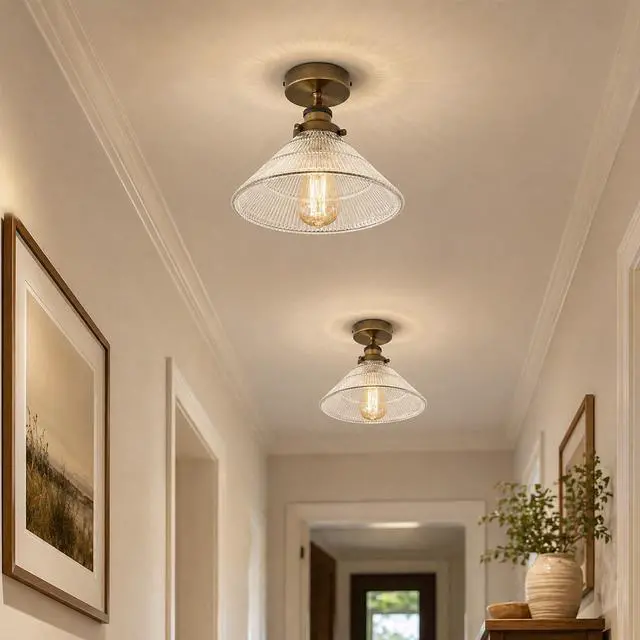 Alt view image 2 of 5 - Lighting Vintage Ribbed Glass Ceiling Light E27