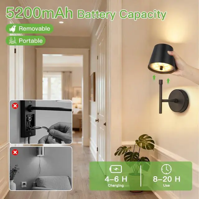 Alt view image 3 of 5 - 5200mAh Matte Black Rechargeable Wall Light Indoor