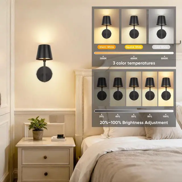 Alt view image 2 of 5 - 5200mAh Matte Black Rechargeable Wall Light Indoor