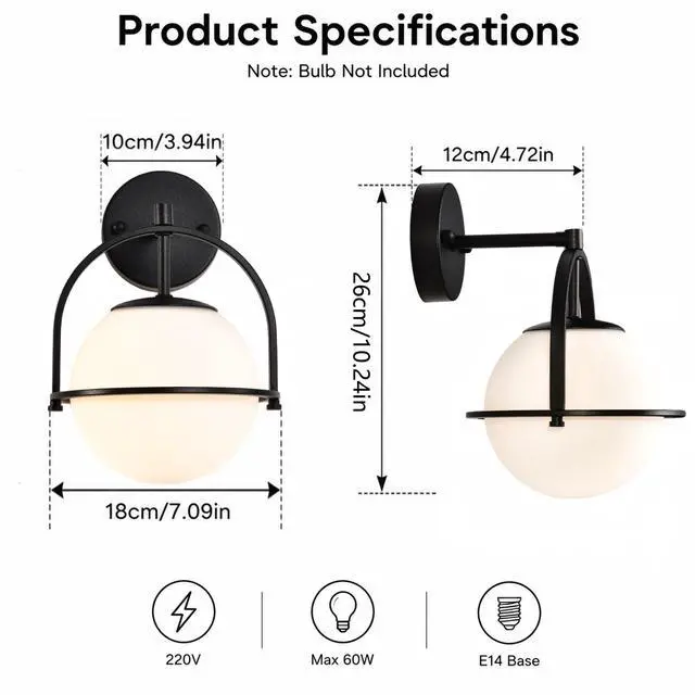 Alt view image 4 of 5 - Black Globe Wall Light