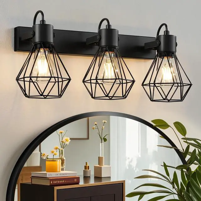 Main image of Bathroom Vanity Light Fixtures: 3 Lights 90° Rotatable Black Wall Lights Over Mirror with Metal Shade